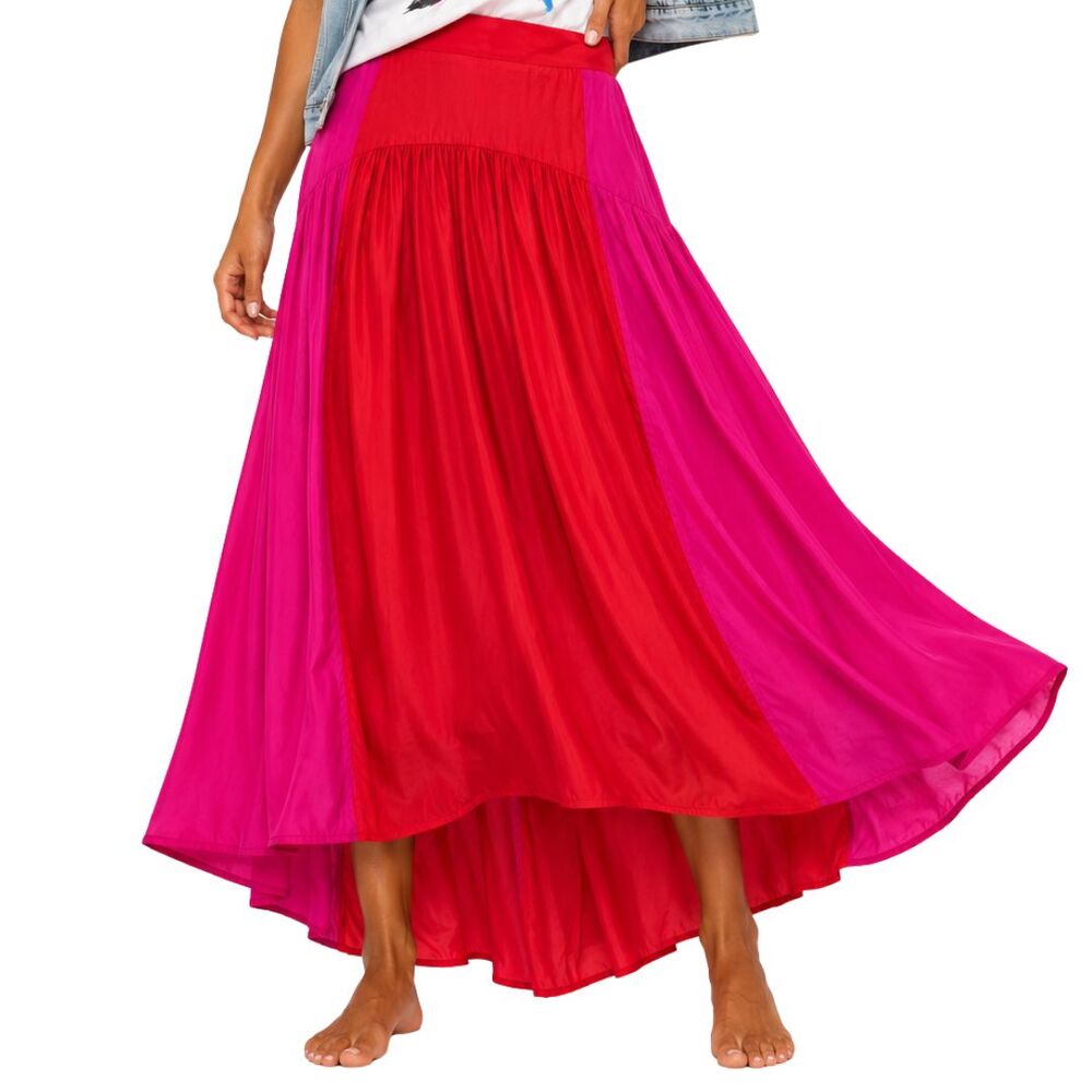 Petal & Pup Maxi Skirt 2 Neon Pink Red Colorblock High Low Boho Resort Flowy